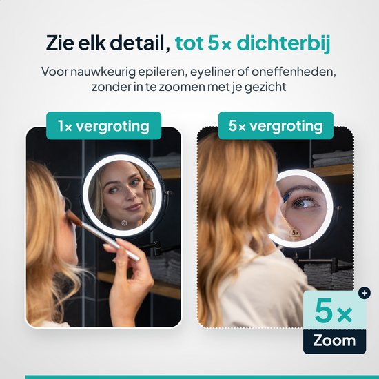 Mirlux Miroir de maquillage avec éclairage Led - rechargeable - grossissement 5X - miroir grossissant avec lumière - miroir de rasage - miroir de salle de bain - noir