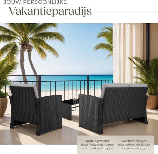 tectake® Ensemble de jardin en osier pour 4 personnes - Banc de jardin 2 places et 2 chaises de jardin - Table avec plateau en verre amovible - Coussins d'assise et de dossier confortables - Ensemble de salon pour jardin, terrasse, balcon - Noir