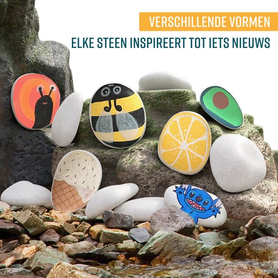 NAPI Happy Stones - 12 galets blancs - Cours inclus : Pierres à peindre - Galets lisses - Paquet - Galets de plage - 4 à 8cm - Blancs