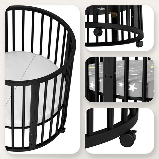 Flowsense Baby Box - Parc pour enfants rond - Parc pour enfants - Avec matelas - Hauteurs réglables - Roulettes - Noir