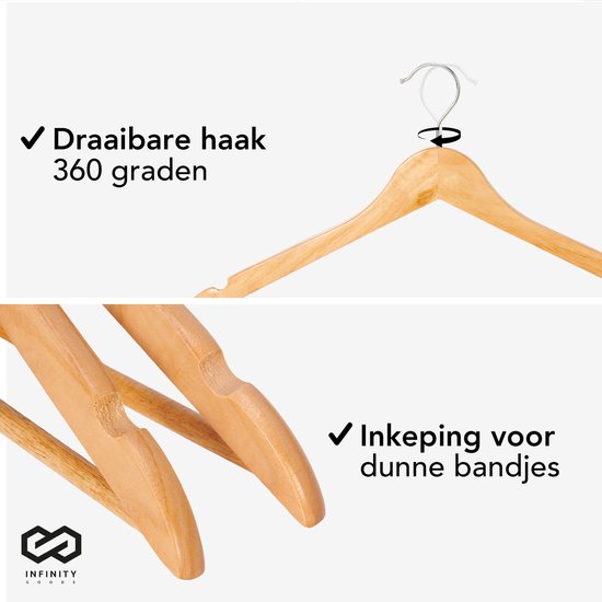 Infinity Goods 30 Houten Kledinghangers - Kleerhanger - Inkeping en Broeklat - Metalen Haak - Volwassenen - Bruin