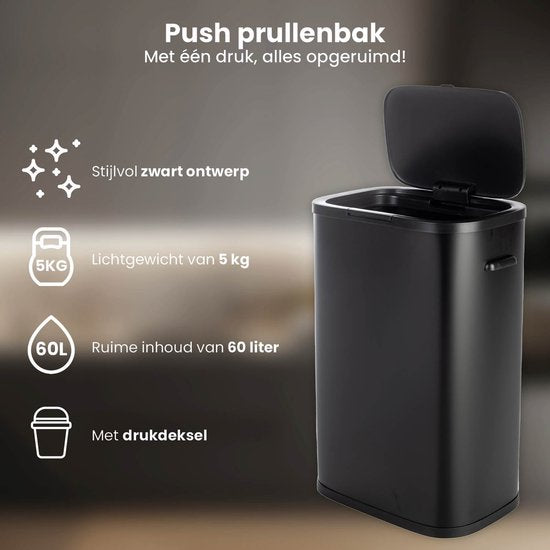 QLT Push Lid Trash Can - Poubelle avec ouverture par bouton poussoir - Poubelle - 55 litres - 42 x 28,5 x 62,5 cm (LxLxH) - Noir