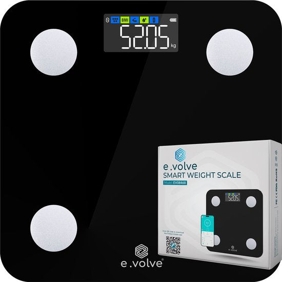 e.volve Scale Pèse-personne numérique - 20 mesures - Pèse-personne intelligent avec analyse du corps - Écran couleur - Pèse-personne de précision - Pèse-personne - Pèse-personne numérique - App. incluse.
