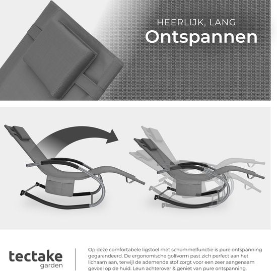 tectake® Lounger Taya - Chaise longue ergonomique pour le jardin, la terrasse, le balcon - Fauteuil de relaxation avec fonction de balancement - Chaise de jardin avec accoudoirs confortables, appui-tête et compartiment de rangement - Résistant aux intempé