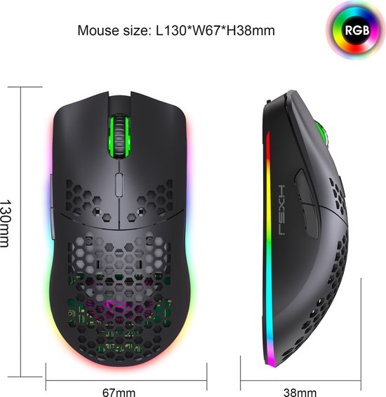 HXSJ T66 - Souris de jeu sans fil - Souris d'ordinateur - Ultra légère - Eclairage RGB - Noir