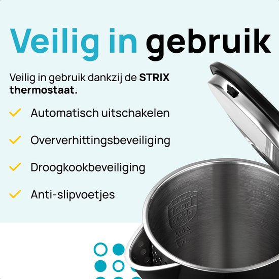 Bouilloire MOA avec contrôle de la température - 1,7 litre - Double paroi - Fonction maintien au chaud - Bouilloire électrique - 2200W - Noir