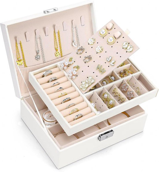 Vimora Boîte à bijoux avec étage supplémentaire - Blanc - Boîte à bijoux - Boîte à bijoux - Pour adultes, filles, hommes et femmes - Convient aux colliers, boucles d'oreilles, bracelets et bagues