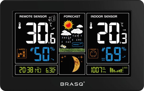 BRASQ Station météo intérieure et extérieure sans fil - Hygromètre - Humidimètre - Avec capteur extérieur jusqu'à 60 mètres - Thermomètre - Baromètre - piles incluses