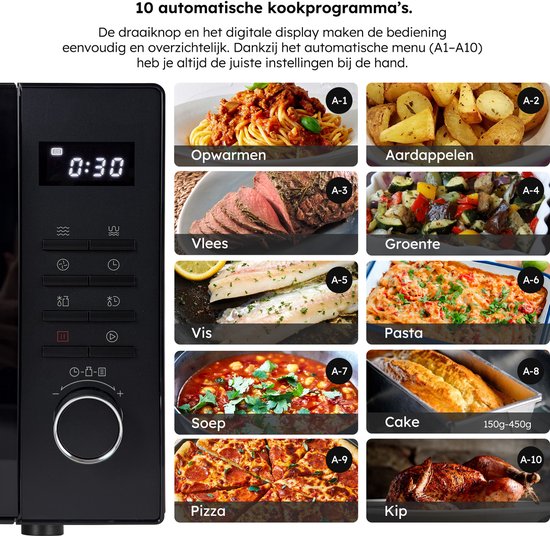 Micro-ondes combiné - 25L - Micro-ondes combiné à poser - Fonction gril et air chaud - 10 programmes de cuisson - Minuteur numérique et sécurité enfant - 900W - Noir - Saaf