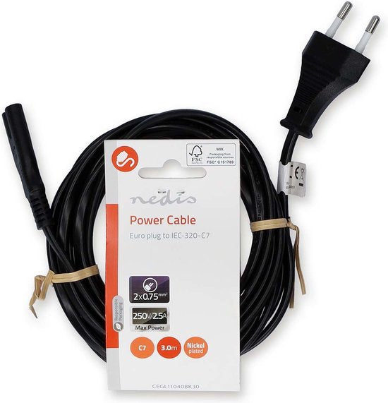 Nedis Câble d'alimentation - Euro mâle - IEC-320-C7 - Droit - Droit - Nickelé - 3,00 m - Plat - PVC - Noir - Etiquette