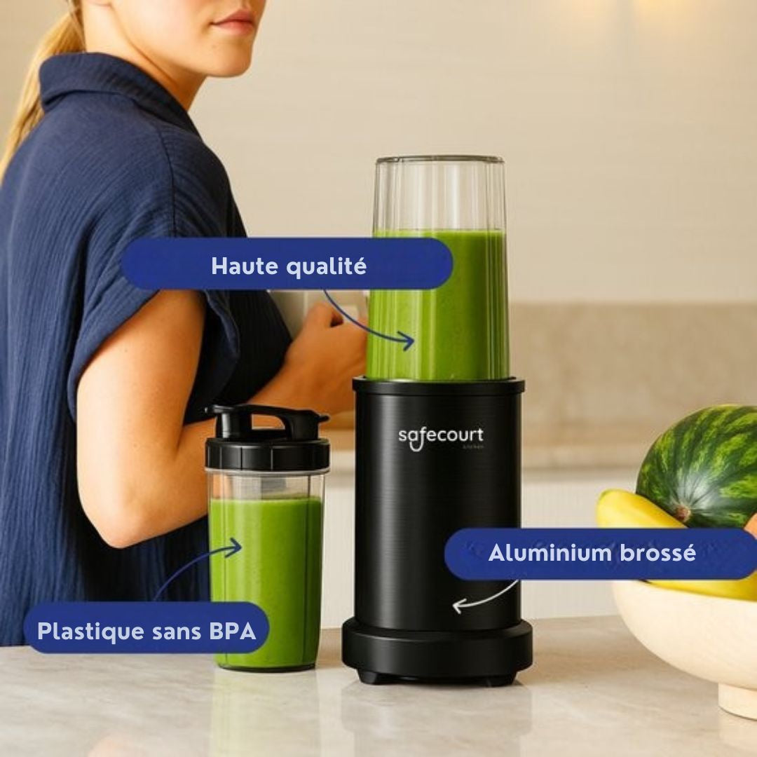 Mixeur - Safecourt Kitchen - Smoothie Blender - Blender 1200W - Incl. des gobelets à emporter - Noir