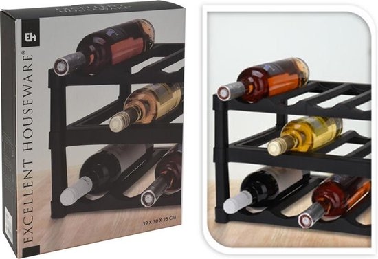 Excellent Houseware Porte-bouteilles - Noir - Plastique - 39 x 30 x 25 cm - pour 12x bouteilles