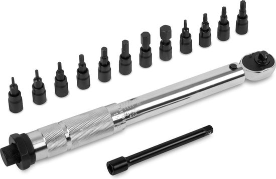 VONROC Clé dynamométrique ¼" - 265mm - 5-25Nm - Jeu d'embouts de 12 pièces (8 x Inbus, 4 x Torx) et rallonge de 100mm inclus - dans une mallette de rangement solide