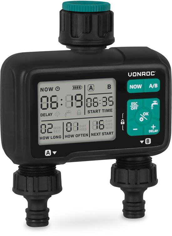 VONROC Programmateur d'arrosage à 2 voies - Ordinateur d'arrosage pour 2 zones - Temps et fréquence d'arrosage réglables par zone