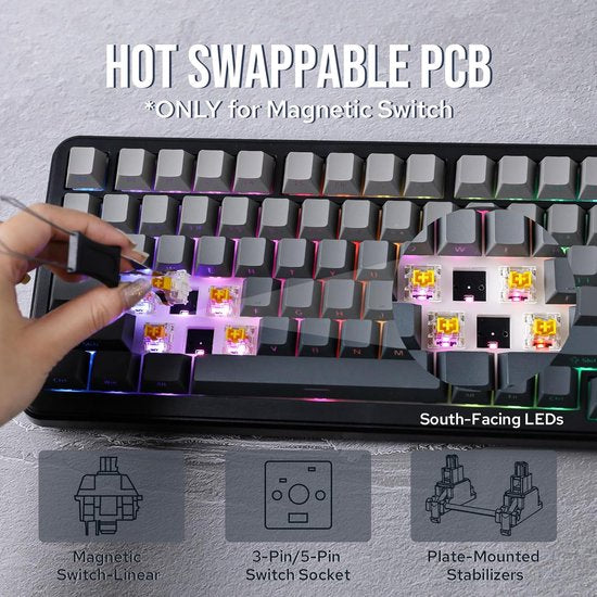 Ajazz AK820 MAX HE - 75% Wired RGB Gaming Keyboard - Hall Effect Rapid Trigger Mechanical Keyboards - Side Printed Keys - Gasket - Hot Swap - 8K Hz Polling Rate - QWERTY Keyboards - 82 Keys - Gradient Grey