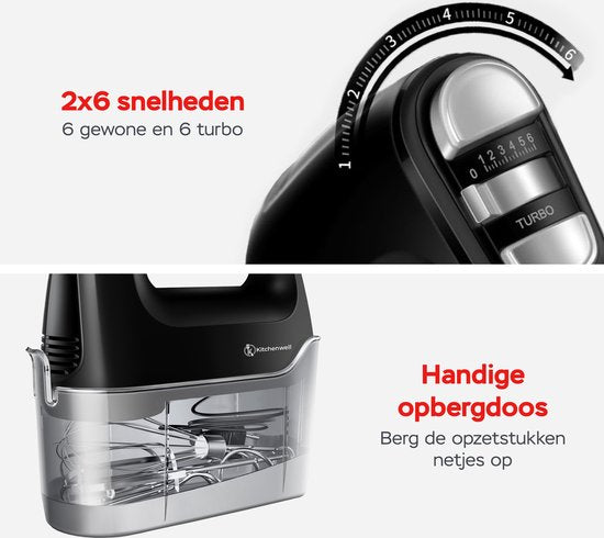 Kitchenwell Batteur à main - 6 vitesses et fonction turbo - 400W - Batteurs & Crochets à pâte & Fouet - Boîte de rangement incluse