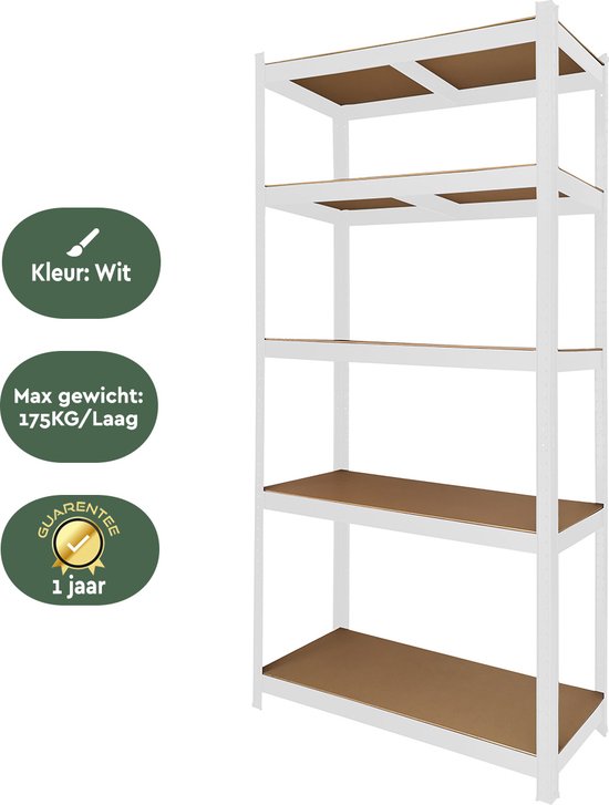 BRASQ Armoire à étagères en métal blanc - Rack de stockage - Armoire murale 180x90x40cm - 5 niveaux - 175 KG/étagère - 875 KG max.