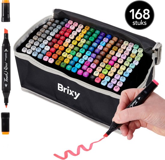 Brixy Twinmarkers 168 pièces - Marqueurs professionnels à alcool - pointe double face - marqueurs - sac de rangement avec support