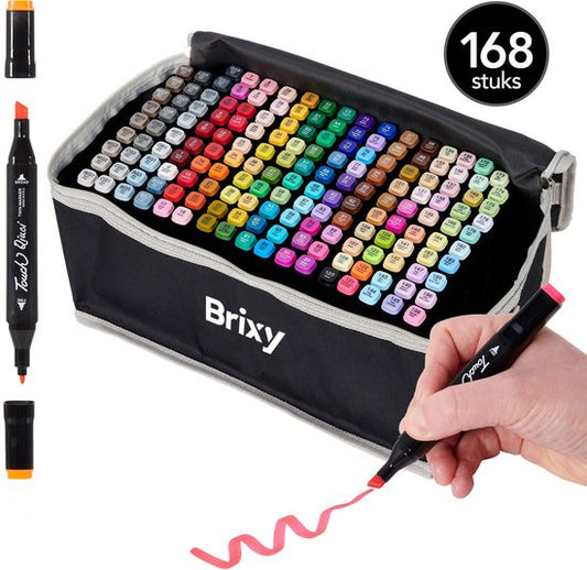 Brixy Twinmarkers 168 pièces - Marqueurs professionnels à alcool - pointe double face - marqueurs - sac de rangement avec support