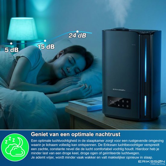 Erikssøn Humidificateur Hydra Comfort - 6 litres - Convient au salon, au bureau, à la chambre à coucher, à la chambre de bébé - Avec aromathérapie - Noir