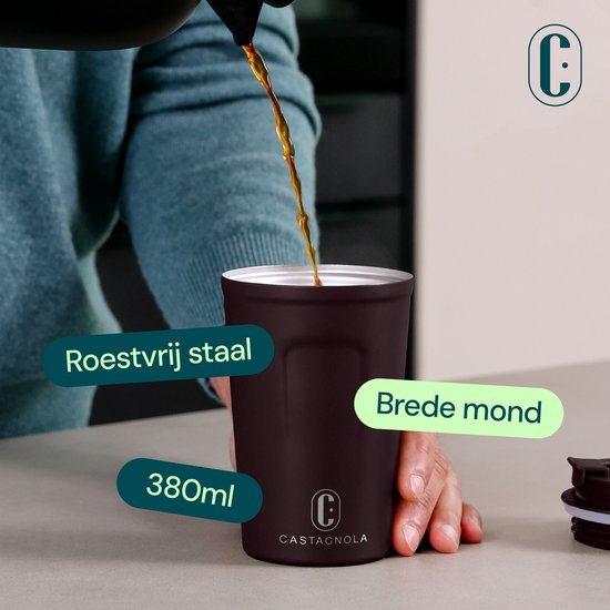 Mug thermos Castagnola - Tasse à café à emporter - Mug de voyage pour le café et le thé - Mug à thé - 380 ML - acier inoxydable - Marron foncé