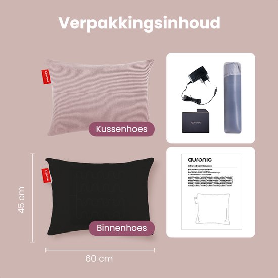 Auronic Oreiller chauffant - tricoté - 45x60 CM - Oreiller chauffant sans fil - rechargeable - Oreiller électrique - infrarouge - rose