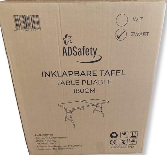 ADSafety Table pliante - Table de camping - Table pliante - Table pliante d'extérieur - Table de jardin - 180 x 74 x 74 cm - Noir