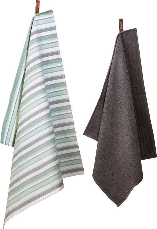 Ten Cate - Set de torchons et serviettes de cuisine - Set de cuisine - Torchons et serviettes de cuisine - Serviettes de cuisine - 1x torchon 50x50 cm - 1x torchon 60x65 cm - Coton - Gris et vert