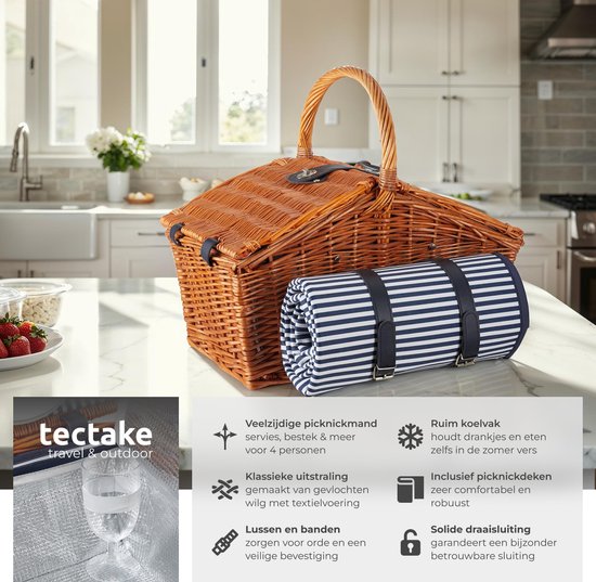 tectake® Set complet de paniers de pique-nique Vlieland - Set de luxe de 23 pièces pour 4 personnes - Panier de pique-nique en osier avec tapis de pique-nique - Comprend une glacière, des assiettes, des verres à vin en plastique et des couverts en acier i