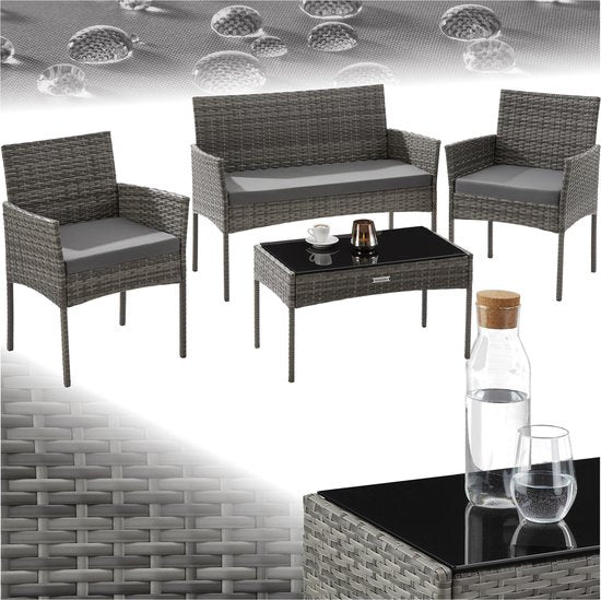 tectake® - Ensemble de jardin en osier Palese - Groupe de sièges pour 4 personnes - Ensemble de meubles de jardin avec banc de salon, table de jardin et 2 chaises de jardin, y compris les coussins d'assise - Meubles de jardin - Résistant à l'eau - Gris