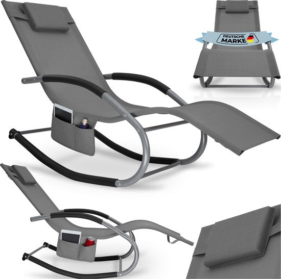 tectake® Lounger Taya - Chaise longue ergonomique pour le jardin, la terrasse, le balcon - Fauteuil de relaxation avec fonction de balancement - Chaise de jardin avec accoudoirs confortables, appui-tête et compartiment de rangement - Résistant aux intempé