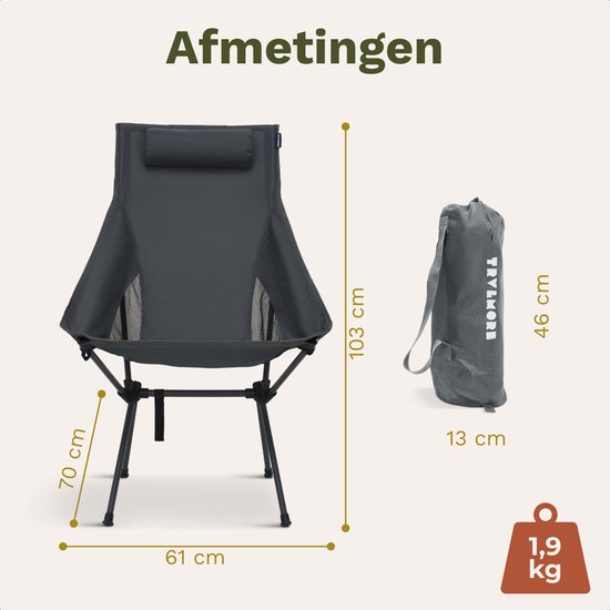 TRVLMORE Chaise de camping - pliable - capacité de charge de 120KG - sac de transport inclus - chaise pliante - chaise de pêche - chaise de camping - chaise pliante - gris