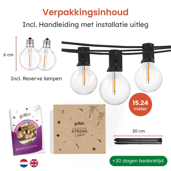 Partizzle Guirlande lumineuse étanche de 15m - Guirlande de 25 LEDs - Guirlande lumineuse de Noël pour l'extérieur, la terrasse et le camping - Lumières de Noël / Lumières de jardin - 2700k / Blanc chaud