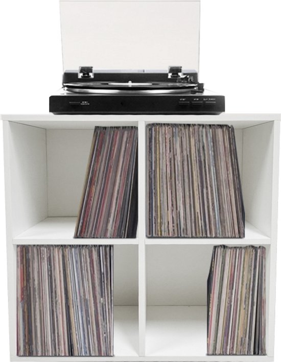 Meuble de rangement pour disques vinyles - rangement disques vinyles lp - bibliothèque - 4 compartiments - blanc