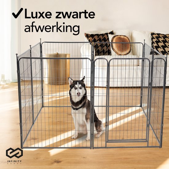 Infinity Goods Parc à chiens - Parc à chiots - 8 panneaux - 100 x 80 CM - pliable - avec porte - acier - noir