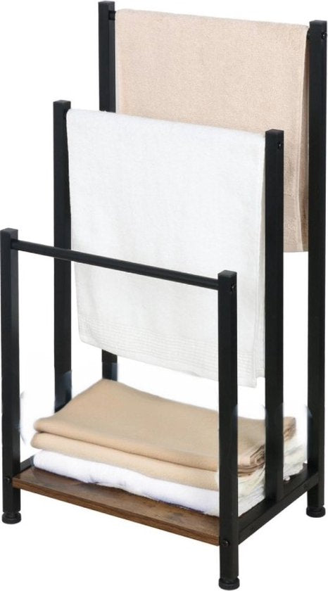 Ceruzo Porte-serviettes - Industriel - Autoportant - Métal - 3 Bras - Noir mat - aspect bois Salle de bain/cuisine