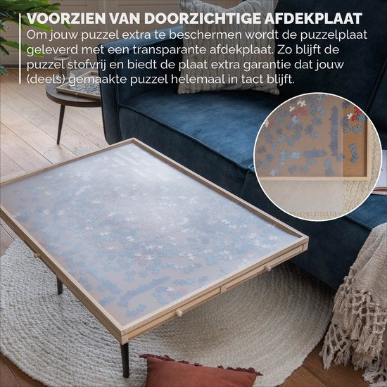 BR-2217 Plateau de puzzle pour 1500 pièces de puzzle avec 6 tiroirs - Plateau de puzzle avec système de rangement -- Tapis de puzzle en bois - Table de puzzle avec plaque de recouvrement
