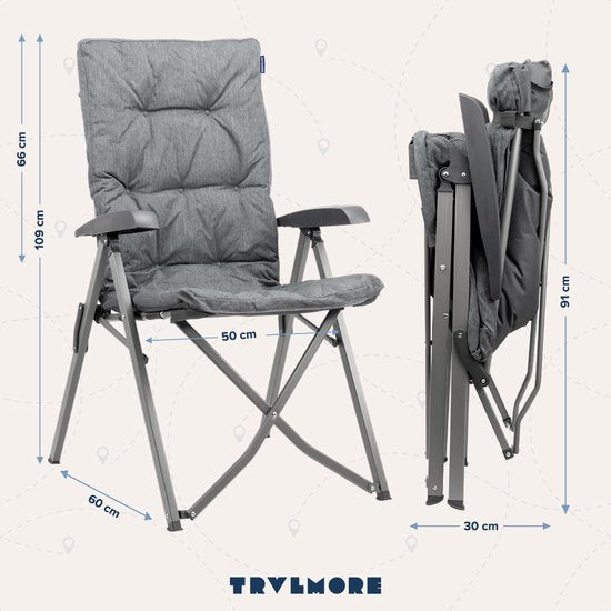 TRVLMORE Chaise de camping - Sac de transport inclus - Chaise pliante confortable - Capacité de charge de 150 kg - Chaise de camping - Rangement - Chaise pliante - Gris