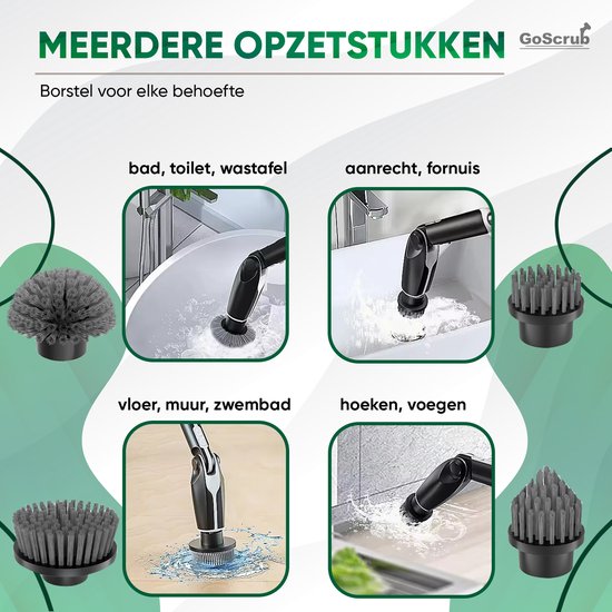 GoScrub® Electric Cleaning Brush - Cleaning Hero V1 - Noir - Brosse à récurer avec manche - Polisseuse - Brosse à récurer - Pour la salle de bain et la cuisine - 8 accessoires