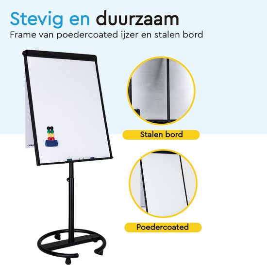 BRASQ Flipchart Mobile Deluxe -70x100 cm - Tableau blanc ajustable - 25 feuilles de papier et accessoires inclus - avec bras extensibles - Tableau magnétique avec crochets - Tableau magnétique - Noir