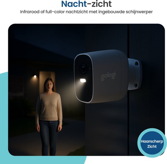 Gologi Caméra de sécurité sans fil pour l'extérieur et l'intérieur - Caméra de surveillance avec batterie 5200 mAh - USB-C rechargeable - Vision nocturne - Détection de mouvement - Montage magnétique - Caméra HD 4MP WiFi avec App - Caméra de sécurité - Bl