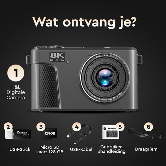 K&L - 8K 88MP - 18X Zoom - 128GB SD - WiFi - 3.0" UHD display - mic port - Caméra photo - Caméra compacte - Caméra Vlog