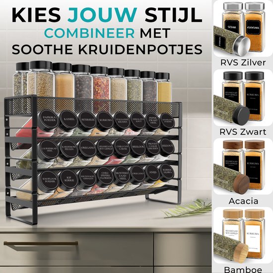 Soothe Spice Rack Standing and Hanging for 40 Spice Jars - 4 Layers - Spice Organiser - Spice Rack - Noir