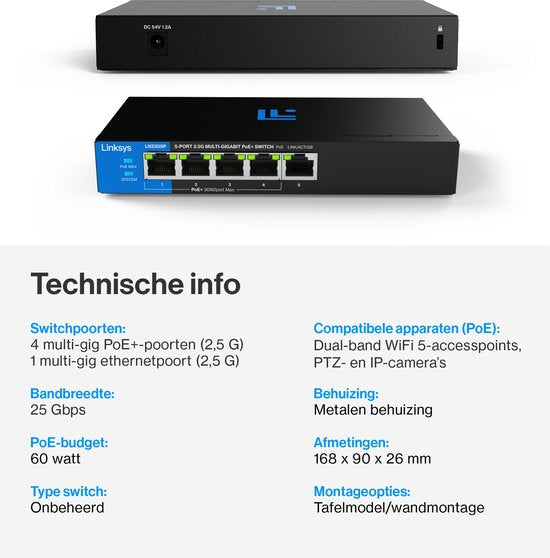 Linksys LN2305P - Commutateur réseau - PoE+ non géré - 2500 Mbps - 5 ports
