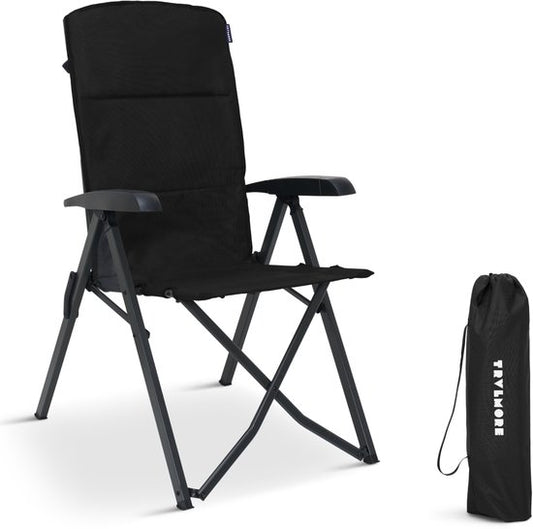 TRVLMORE Chaise de camping de luxe - pliable - capacité de charge de 150 kg - sac de transport inclus - chaise pliante - chaise de camping - chaise pliante - noir
