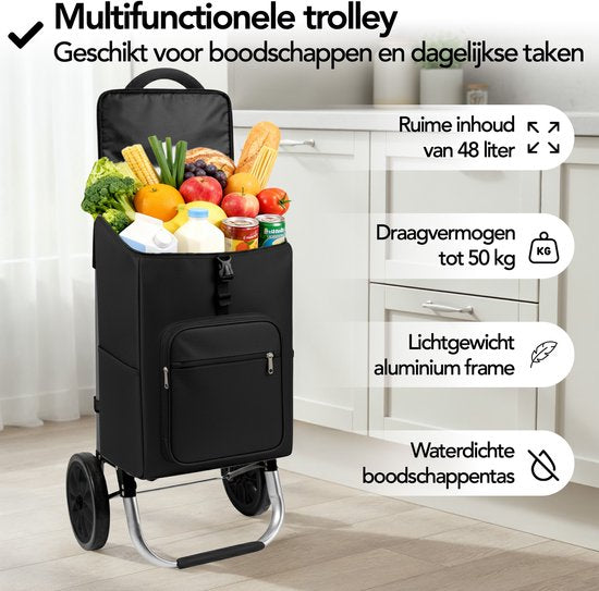 Brixy Chariot de courses - Pliable - Avec roues - Sac de courses amovible - Chariot de courses - Noir