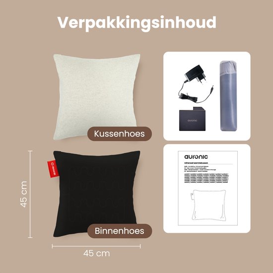 Auronic Heat Pillow - Classic - 45x45 - Sans fil - Rechargeable - Oreiller électrique - Infrarouge - Taupe