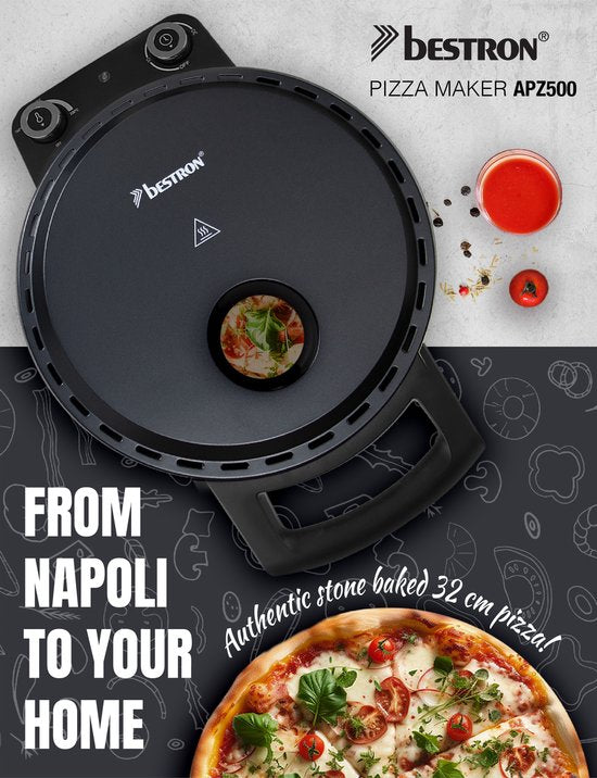 Bestron Turbo Pizza oven pour une pizza en 5-10 minutes, four à pizza électrique avec une température maximale réelle de 320°C, comprend une pierre à pizza et 2 grandes spatules en bois, Black Label, couleur : Noir mat