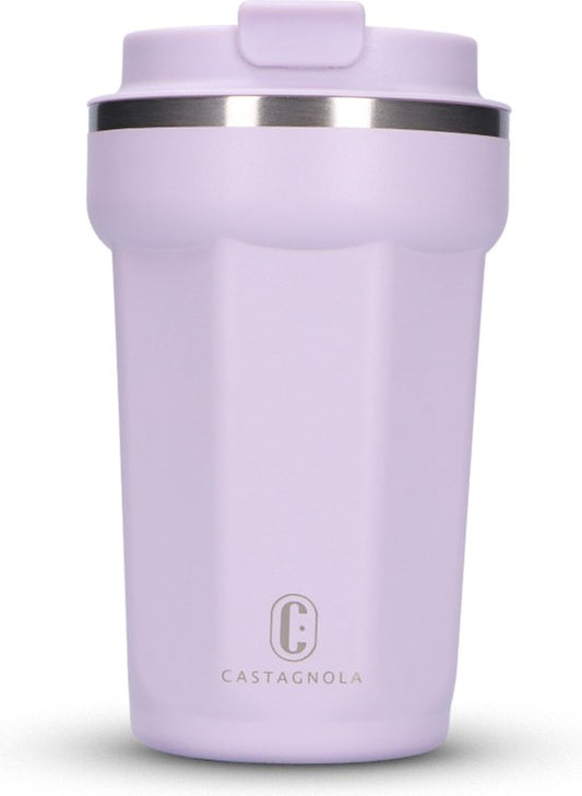 Castagnola Thermos Cup - Coffee Mug To Go - Travel Mug for Coffee and Tea - Tea Mug - 380 ML - Stainless Steel - Light Purple - Octagon