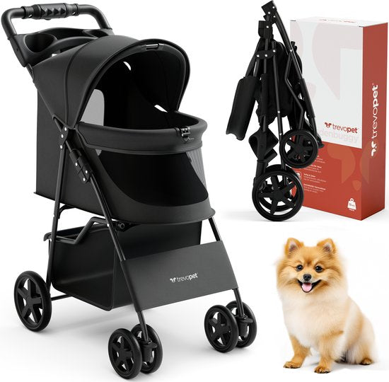 TrevoPet® Poussette pliable pour chien - Pour les petits et moyens chiens jusqu'à 15 kg - Poussette avec porte-gobelet et grand panier de rangement - Noir